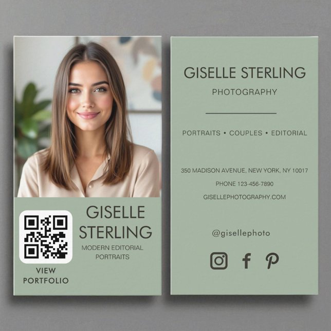 Sage Green Minimalist Photographer Photo QR Code  Business Card (Creator Uploaded)