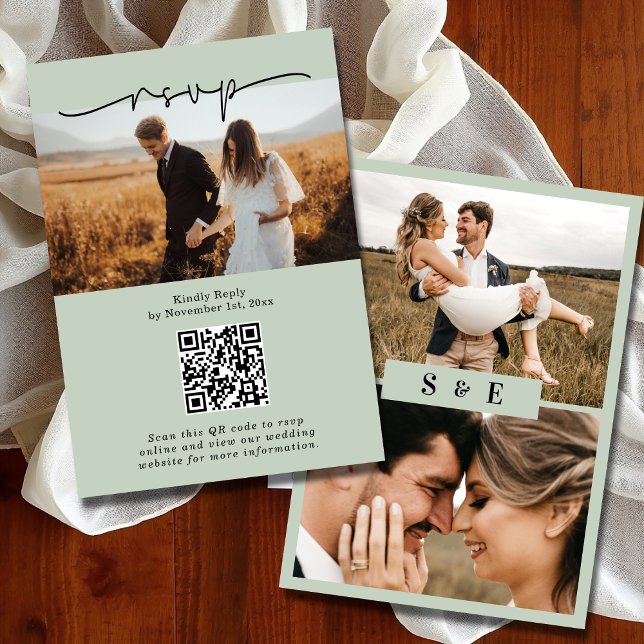 Sage Green Minimalist QR code Photo Wedding RSVP Card (Creator Uploaded)