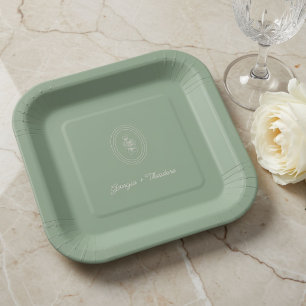 Sage Green Minimalist Script Floral Wedding Paper Plate