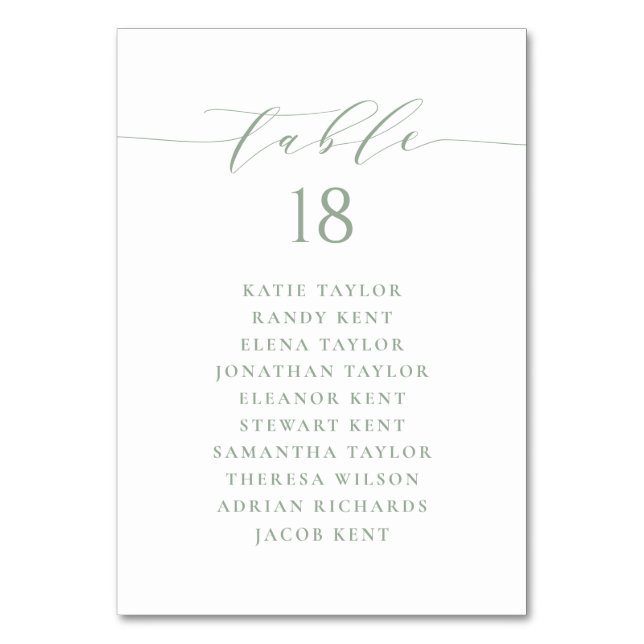 Sage Green Minimalist Script Wedding Seating Plan Table Number (Front)