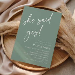 Sage Green Minimalist She Said Yes Bridal Shower Invitation