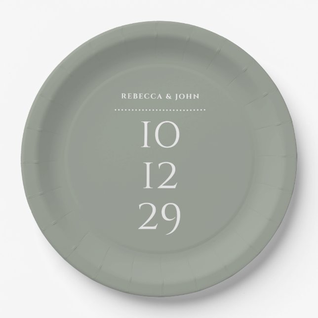 Sage Green Minimalist Special Date Wedding Paper Plate (Front)