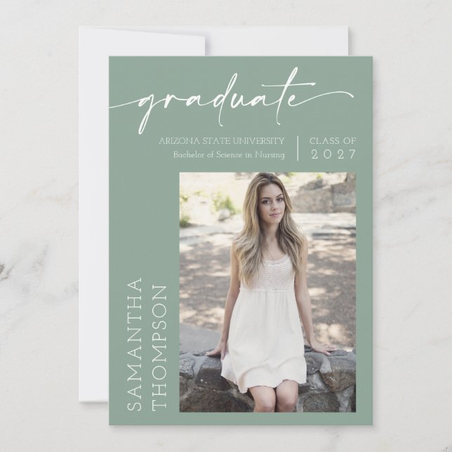 Sage Green Minimalist Two Photo Graduation Party Invitation (Front)