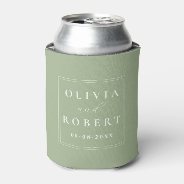 Sage Green Minimalist Wedding Monogram Can Cooler (Can Front)