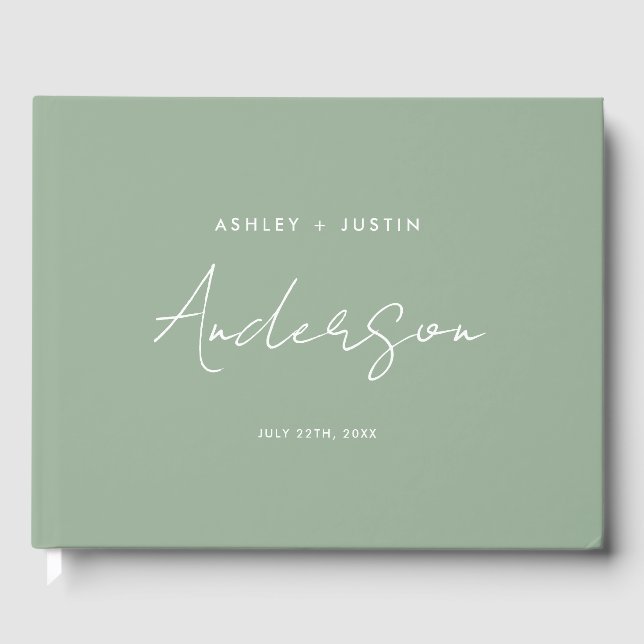 Sage Green Minimalist Wedding Personalised Guest Book (Front)