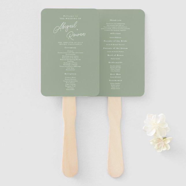 Sage Green Minimalist Wedding Program Hand Fan (Front and Back)
