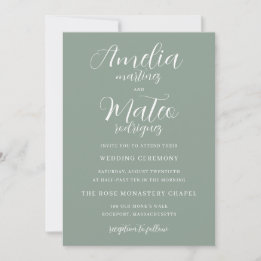 Sage Green Minimalist White Script Wedding Invitation