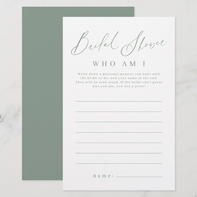 Sage green minimalist who am I bridal shower game (Front/Back)