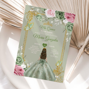 Sage Green Mis Quince 15 Anos Pink Flowers Dresses Invitation