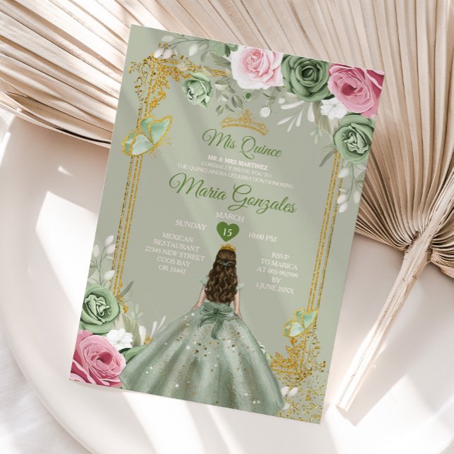 Sage Green Mis Quince 15 Anos Pink Flowers Dresses Invitation (Creator Uploaded)