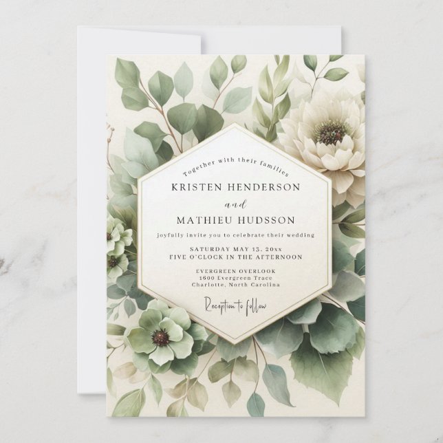 Sage Green Misted Flora Wedding Invitation (Front)