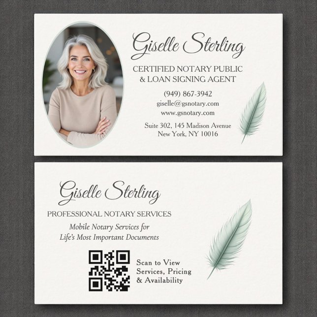 Sage Green Mobile Notary QR Code Modern Photo  Business Card (Creator Uploaded)