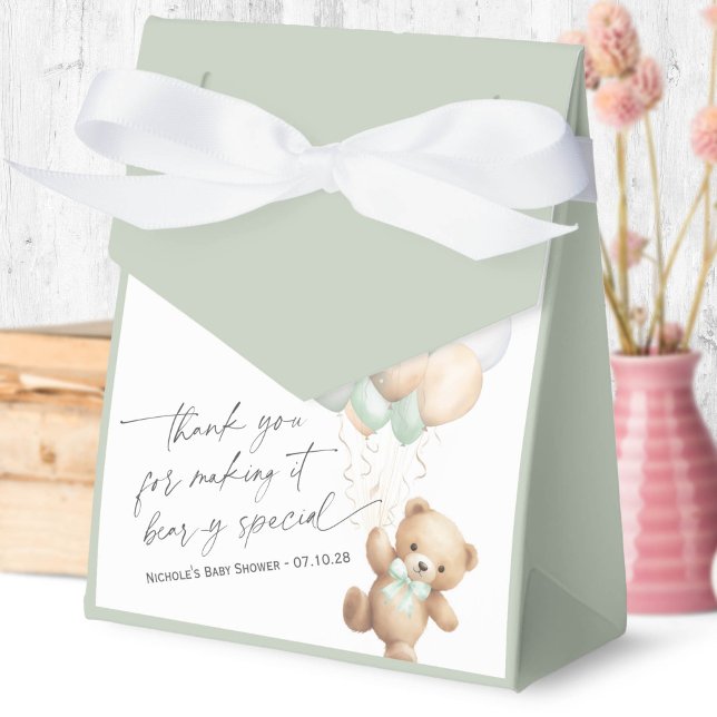 Sage Green Modern Bearly Wait Gender Neutral Favour Box (We Can Bearly Wait, Sage Green Baby Boy Shower Favor Box.)