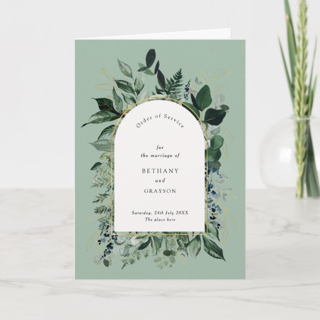 Sage Green Modern Botanic greenery wedding bifold Program (Front)
