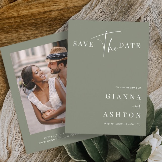 Sage Green Modern Calligraphy Wedding Photo  Save The Date (Creator Uploaded)