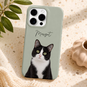 Sage Green Modern Cat Photo and Script Pet Name iPhone 16 Pro Case