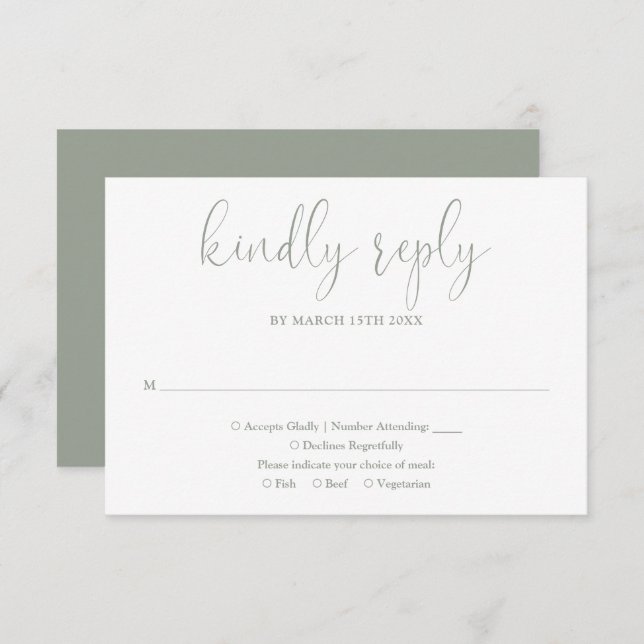 Sage Green Modern Chic Elegant Script Wedding RSVP Card (Front/Back)