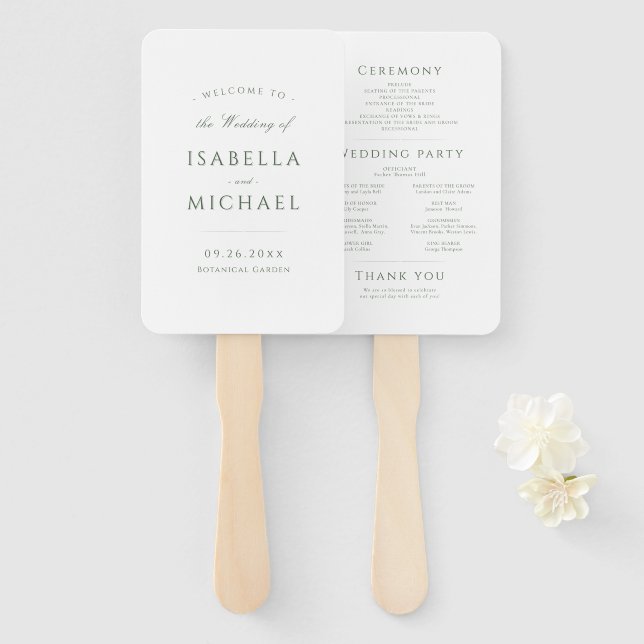 Sage Green Modern Classy Wedding Program Hand Fan (Front and Back)