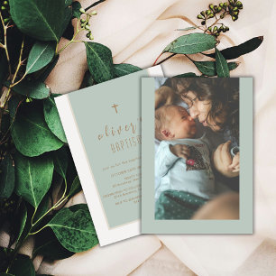 Sage Green Modern Cross Christening Photo Baptism Invitation