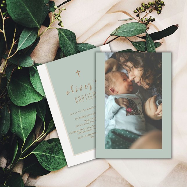 Sage Green Modern Cross Christening Photo Baptism Invitation (Sage Green Modern Cross Christening Photo Baptism Invitation)