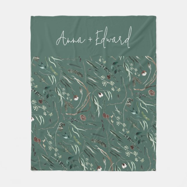 Sage green modern elegant botanical rustic family fleece blanket (Front)