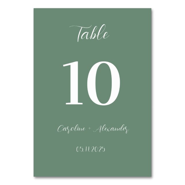 Sage Green Modern Elegant Unique Wedding Table Number (Front)