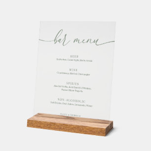 Sage Green Modern Elegant Wedding Bar Menu Acrylic Sign
