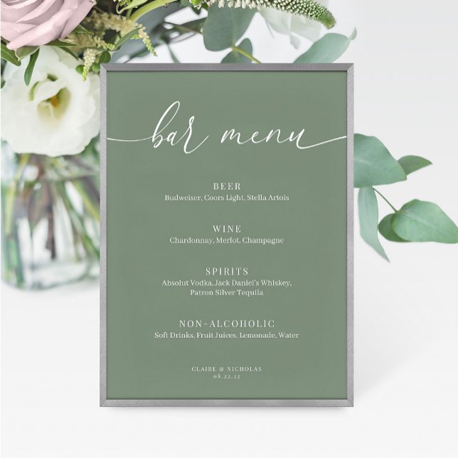 Sage Green Modern Elegant Wedding Bar Menu Sign (Creator Uploaded)