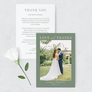 Sage Green Modern Elegant Wedding Photo Thank You Card