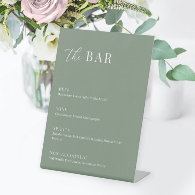 Sage Green Modern Elegant Wedding The Bar Menu Pedestal Sign (Creator Uploaded)