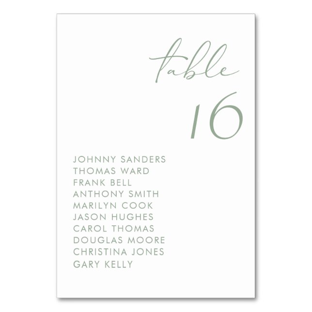 Sage Green Modern Handwritten Script Wedding Table Number (Front)