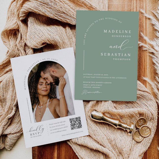 Sage Green Modern Minimal Arch Photo QR Code Invit Invitation (Creator Uploaded)