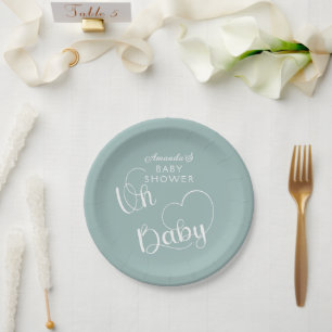 Sage Green modern minimal boy girl baby shower  Paper Plate