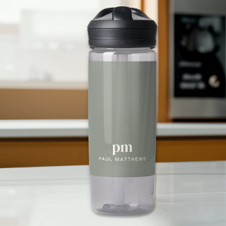 Sage Green Modern Minimal Custom Monogram and Name Water Bottle