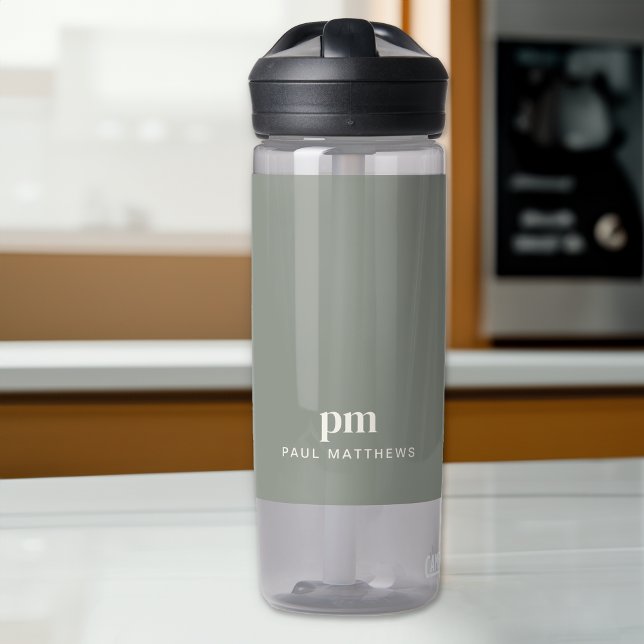 Sage Green Modern Minimal Custom Monogram and Name Water Bottle (Creator Uploaded)