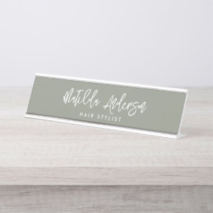 Sage green modern minimal elegant script  desk name plate
