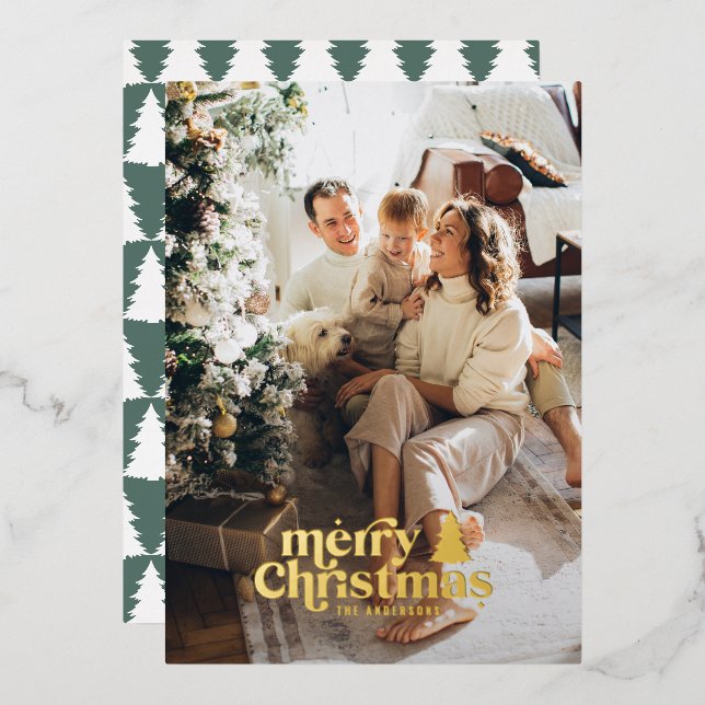 sage green modern minimal retro photo foil holiday card (Front/Back)