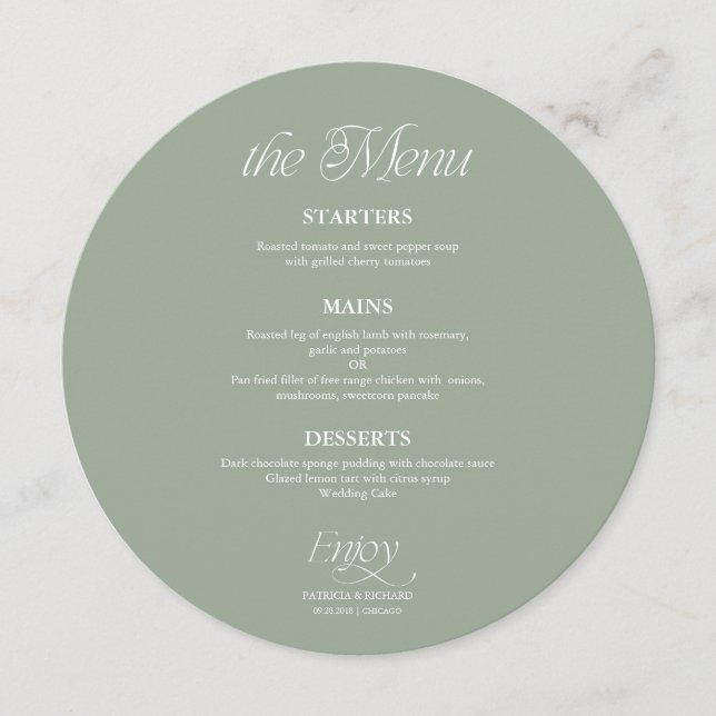 Sage Green Modern Minimalist Circle Wedding Menu (Front)