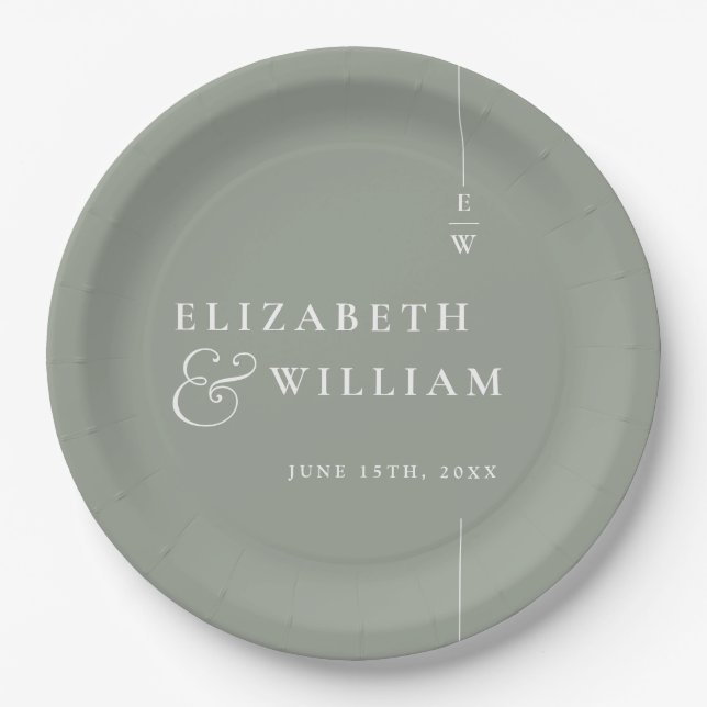 Sage Green Modern Minimalist Monogram Wedding Paper Plate (Front)