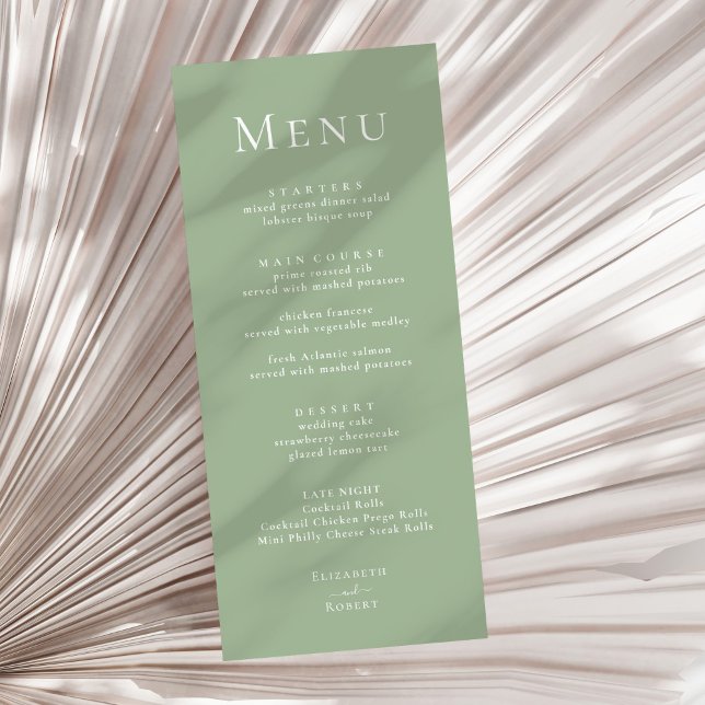 Sage Green Modern Minimalist Wedding Menu (Sage Green Modern Minimalist Wedding Menu on a sunny neutral dry palm leaf.)
