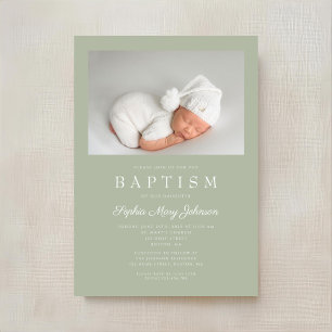 Sage Green Modern Photo Baptism Invitation