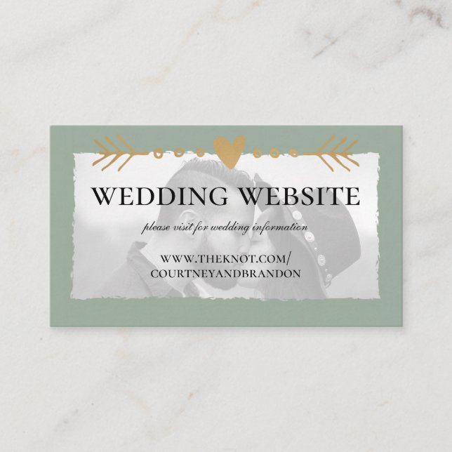 Sage Green Modern Photo Gold Heart Wedding Website Enclosure Card (Front)