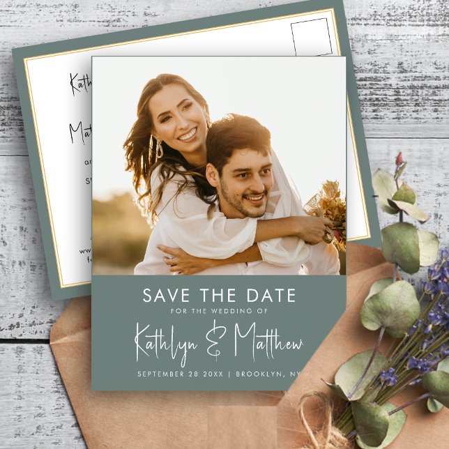 Sage Green Modern Photo Minimalist Wedding Save Th Announcement Postcard (Creator Uploaded)