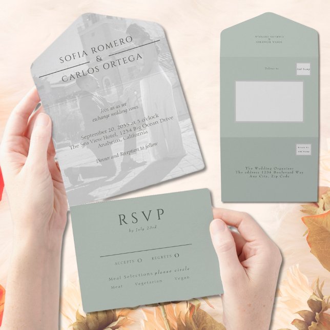 Sage Green Modern Photo Wedding All In One Invitation (Creator Uploaded)