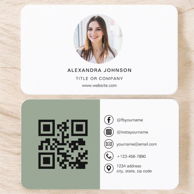 Sage Green Modern Photo with QR Code Social Media Business Card (Creator Uploaded)