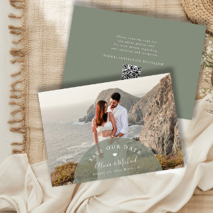 Sage green modern QR code photo wedding Save The Date
