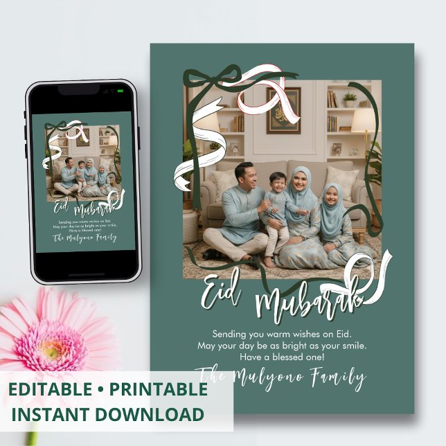 Sage Green Modern Ribbon Family Photo Eid Mubarak Holiday Card (Creator Uploaded)