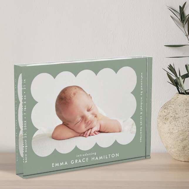 Sage Green Modern Scalloped Birth Announcement Photo Block (Creator Uploaded)