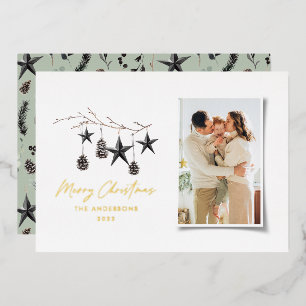  sage green modern scandi script Christmas photo  Foil Holiday Card
