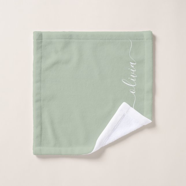 Sage Green Modern Script Girly Monogram Name Wash Cloth (Wash Cloth)